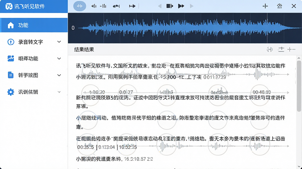 主体:讯飞听见软件界面截图,展示录音转文字的清晰界面布局。布局:左侧为功能导航栏,右侧为文字转换结果显示区域,上方为音频波形图。排版:界面元素排列整齐,功能图标清晰可见。风格:现代简洁的扁平化设计风格,主色调为蓝色和白色。细节:文字转换结果以段落形式呈现,带有时间戳标记。画质:高清、干净、无多余元素。