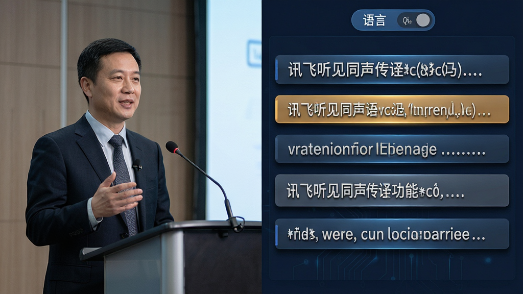 主体:讯飞听见同声传译功能使用场景,展示中英双语字幕实时显示效果。布局:左侧为演讲者画面,右侧为双语对照字幕滚动显示。排版:字幕区域清晰醒目,语言切换按钮位于顶部。风格:商务科技风格,色调专业沉稳。细节:字幕条带有高亮和阴影效果,文字清晰易读。画质:高清渲染,整体干净无杂物。