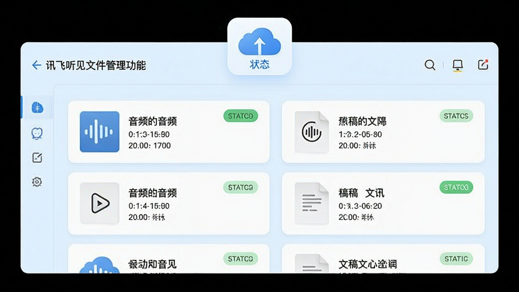 主体:讯飞听见文件管理界面,展示多设备同步功能示意图。布局:中央为文件列表,包含音频文件和文稿文件,上方有云同步状态图标。排版:文件以卡片形式排列,状态标签清晰。风格:清爽的浅蓝色调,界面简约。细节:文件缩略图、文件名、时间、大小等信息一应俱全。画质:画面干净整洁,无多余装饰。