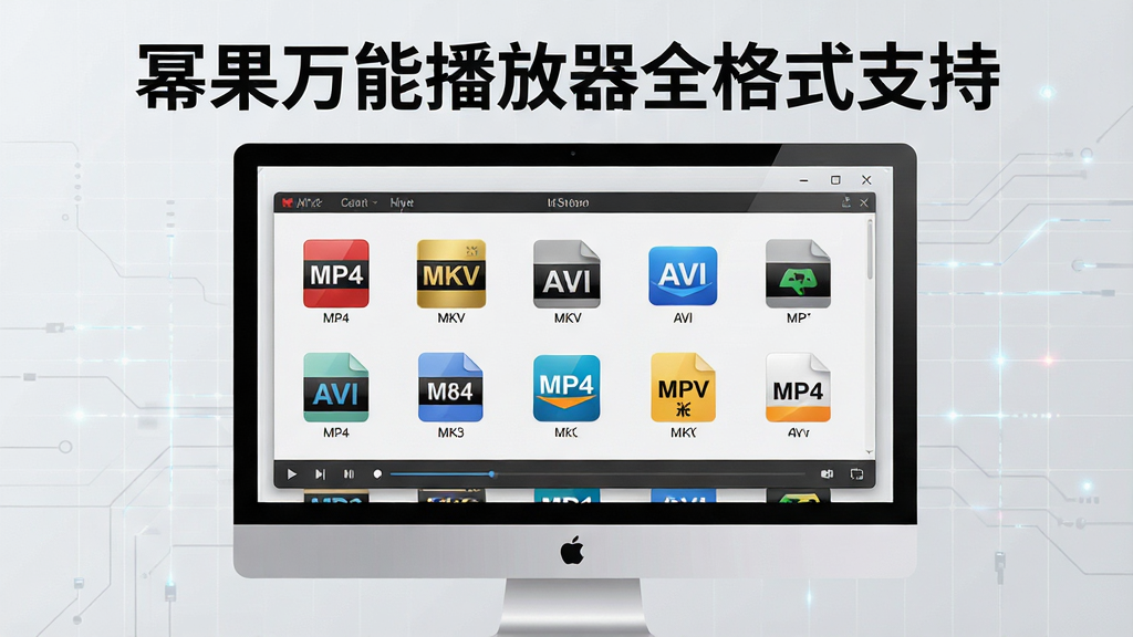 一张展示软件解码能力的宣传图,画面主体是电脑屏幕显示播放器界面,界面中排列着多种视频格式图标,如MP4、MKV、AVI等,背景为简约的浅灰色科技网格,布局规整,排版清晰,风格专业,细节精致,8K画质,干净无多余元素,屏幕上方标注