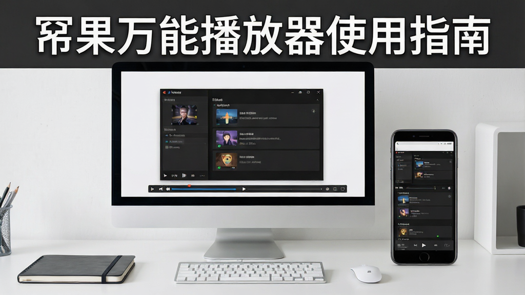 一张教学讲解风格的用户指南图片,画面主体为电脑屏幕显示播放器设置界面,旁边有手机屏幕显示相同软件界面,背景为简洁工作台,有鼠标和笔记本,整体布局清晰,排版整洁,风格写实,细节丰富,高清画质,干净无多余元素,屏幕上方标注