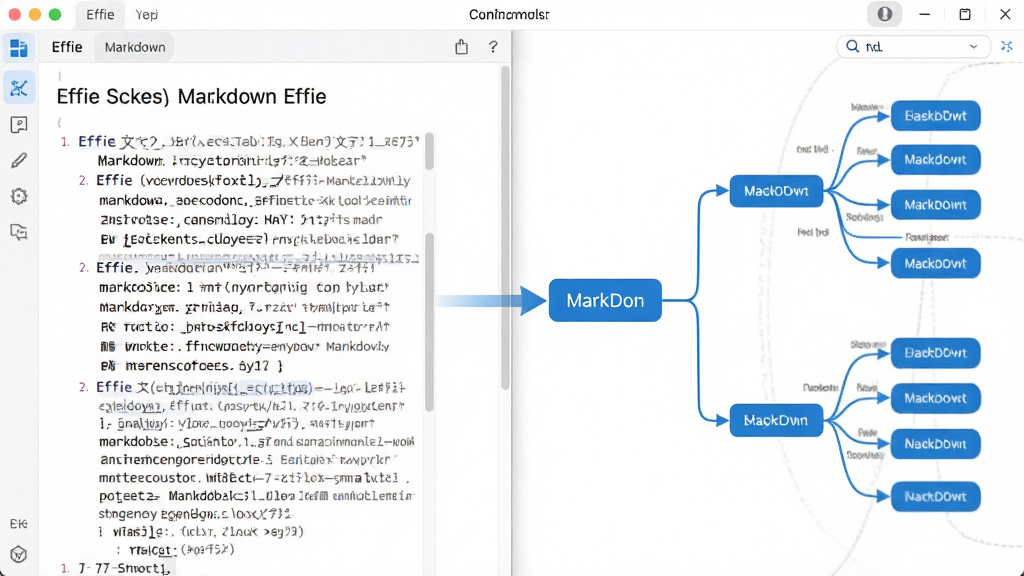Effie 软件中 Markdown 文本与思维导图分屏显示,左侧是文字大纲,右侧是对应的思维导图,箭头连接,蓝色主题,界面清爽,高画质,干净,无多余元素