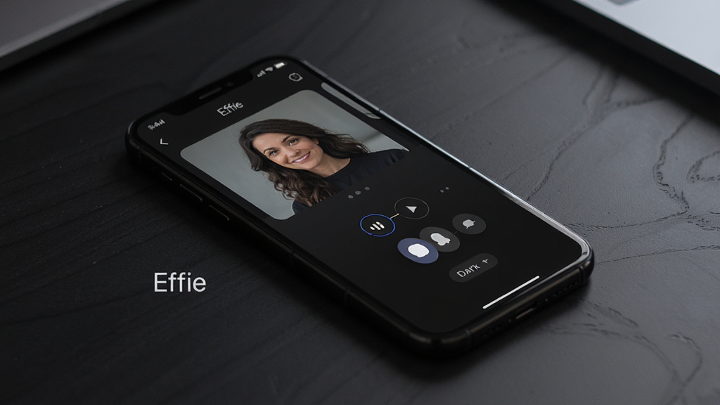 Effie 在手机上的使用界面,展示语音输入与暗黑模式,手机模型,背景为深色桌面,布局清晰,高画质,干净,无多余元素