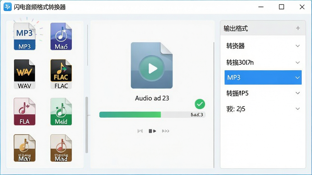 ͼƬ����Ϊ��������Ƶ��ʽת����������ת�����棬����г�������Ƶ��ʽͼ�꣬��MP3��WAV��FLAC�ȣ��м���ʾһ����Ƶ�ļ�����ת���Ľ��������Ҳ������ʽѡ����MP3������ѡ�С��������ǳɫ����������Ԫ�ز������룬ɫ���������죬�����ֱ�ۣ�ϸ�ڴ�չʾת����ɵ���ɫ�Թ���ʾ�����������ɾ����޶���Ԫ�ء�