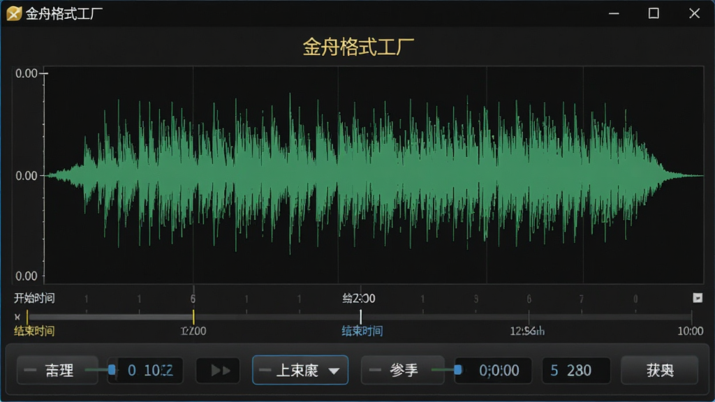 主体:金舟格式工厂的音频提取功能界面,显示波形与时间轴。布局:界面中央为音频波形图,下方为参数调节面板。排版:波形图清晰,按钮布局合理。风格:专业音频软件风格,深色背景。细节:波形图上方有“金舟格式工厂”字样,时间轴标有“开始时间”“结束时间”。画质:高解析度,细节丰富。