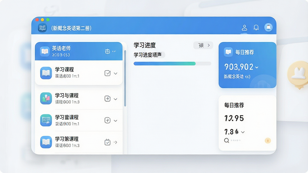 一张展示软件主界面的高清截图,界面包含课程列表、学习进度条和每日推荐模块,整体风格清新简约,以蓝白为主色调,图标圆润,文字清晰,背景干净无杂物,画质细腻,突出“英语老师(新概念英语第二册)”的学习氛围。