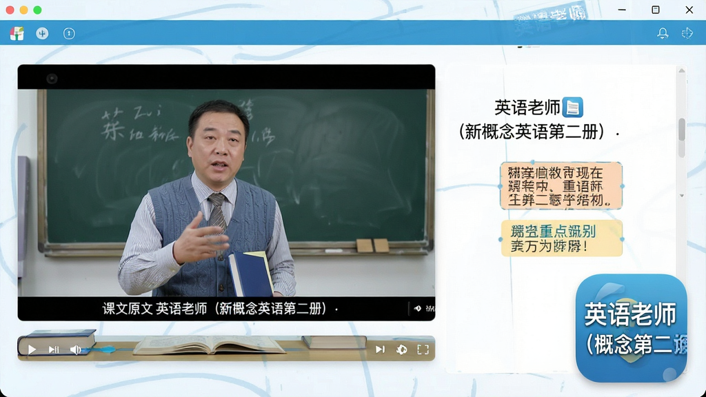 一幅展示软件内视频课程播放界面的图片,画面中包含名师讲解视频窗口、课文原文滚动字幕、重点词汇标注框,布局规整,色彩明亮,画质清晰,界面带有“英语老师(新概念英语第二册)”图标水印,风格专业且富有教育感。