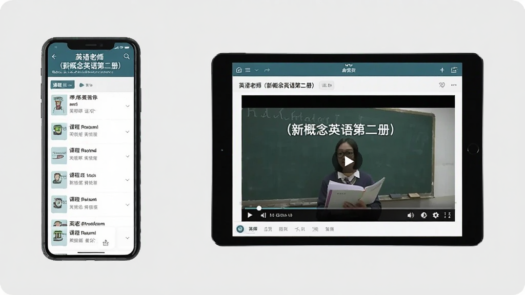 一张展示软件在手机和平板上运行对比的图片,左边是手机竖屏界面,右边是平板横屏界面,画面清晰展示课程列表和视频播放画面,背景为浅灰色,突出“英语老师(新概念英语第二册)”的多设备适配能力。