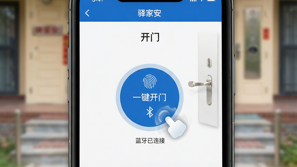 一张产品功能特写图,主体为“驿家安”APP的“开门”操作界面截图,背景虚化的社区单元门。布局以手机界面为中心,采用微距拍摄风格,屏幕上清晰显示圆形“一键开门”按钮及“蓝牙已连接”状态标识。排版风格为UI界面展示风,细节强调指纹图标与门锁打开的动画瞬间,画质清晰真实,干净无多余元素
