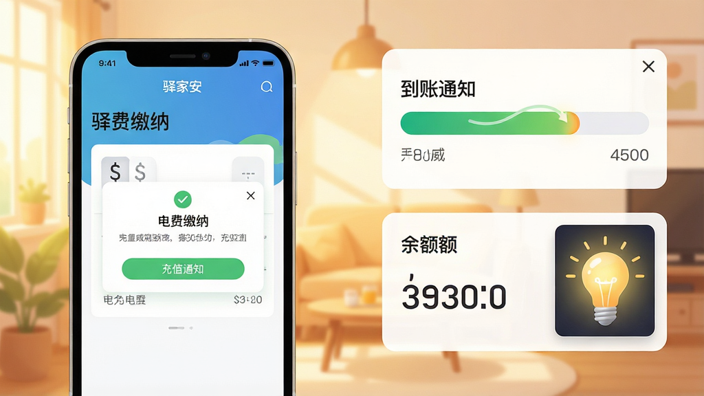 一张展示功能流程的插画风格预览图,主体为“驿家安”APP的“电费缴纳”页面,背景为明亮温馨的室内灯光环境。布局采用分屏设计,左侧为手机操作界面,右侧为电量进度条与余额数字的视觉化图表。排版风格为信息图表现代风,细节表现充值成功后的“到账通知”弹窗与灯泡亮起的动画帧,画质柔和干净,无多余元素