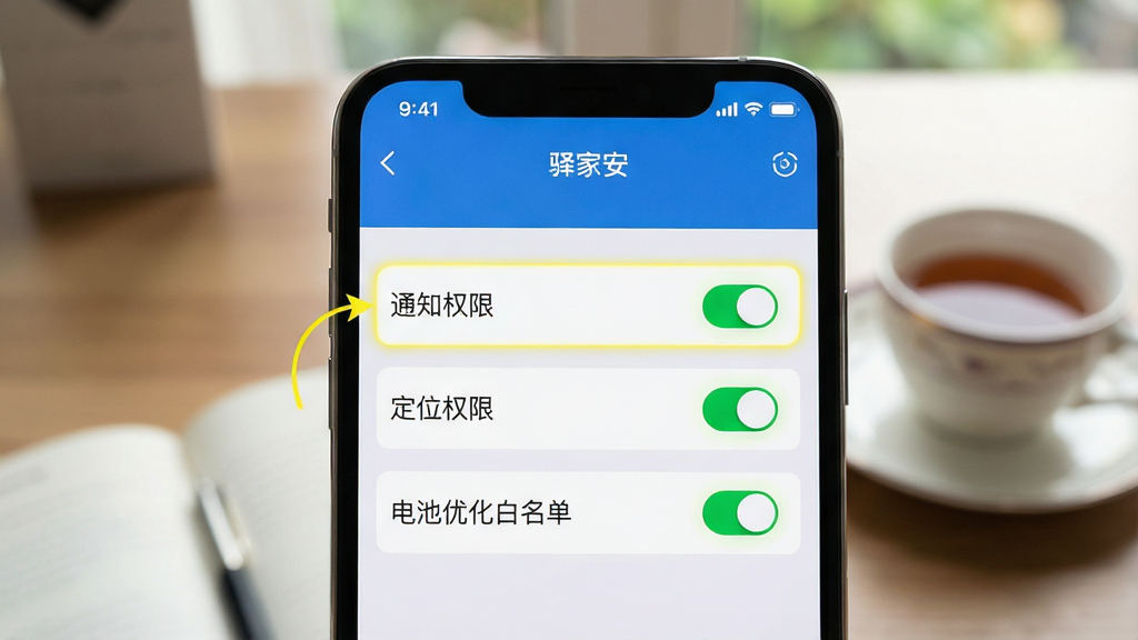 一张手机APP使用教学场景图,主体为一部智能手机屏幕特写,屏幕内显示“驿家安”APP的“设置”界面,其中“通知权限”、“定位权限”和“电池优化白名单”三个开关均处于开启状态,背景为模糊的书桌与茶杯。布局采用中心构图,排版风格为教程截屏风格,细节上高亮标记了设置项的位置,画质干净清晰,无多余元素