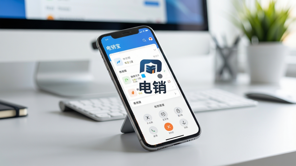 画面主体为一部亮屏的智能手机,屏幕正中央清晰显示“电销宝”三个大字及品牌LOGO,手机斜放在整洁的浅灰色办公桌上;背景虚化处理,隐约可见电脑显示器与绿色植物;整体布局居中,采用明亮通透的室内自然光摄影风格,细节展现屏幕UI列表与拨号界面,画质干净,无多余元素,突出软件专业与高效感。