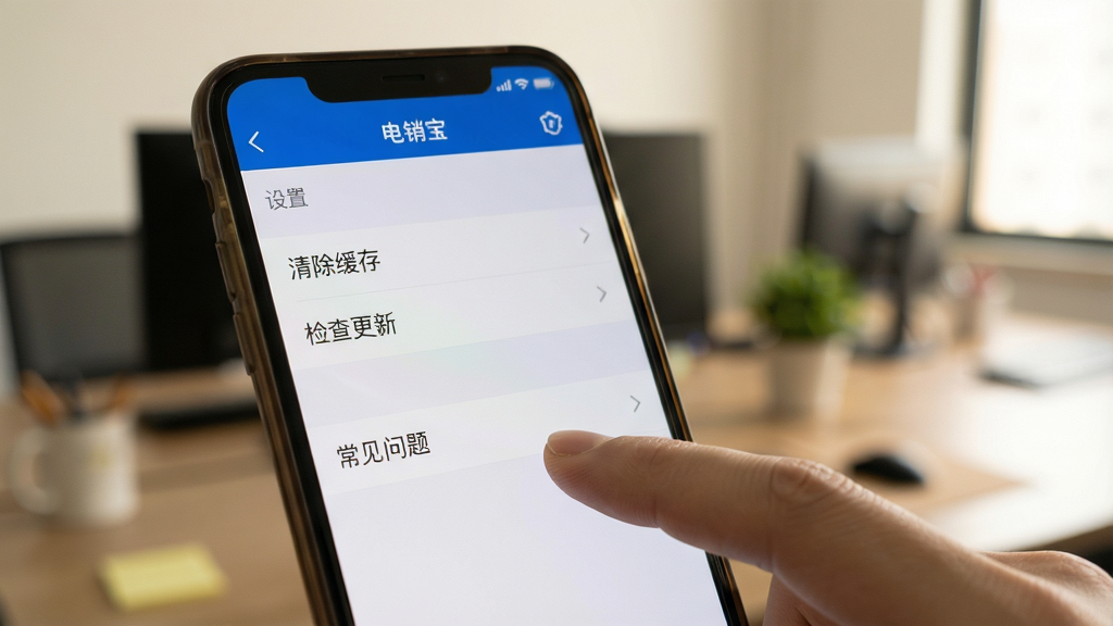 手机屏幕特写展示“电销宝”设置菜单界面,手指正在点击“常见问题”选项;背景为室内办公环境,光线柔和;清晰展现列表中的“清除缓存”“检查更新”等文字,写实风格,构图稳定,画质干净,无多余元素。