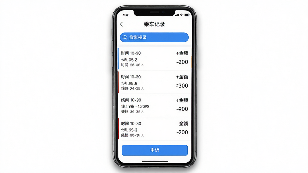 ��������Ϊһ���ֻ�������ʾ�ǿ�e��app�ġ��˳���¼��ҳ�棬ҳ�����б���ʽչʾ�����۷Ѽ�¼��ÿ����¼����ʱ�䡢��·������Ļ�Ϸ���һ����ɫ���������·���һ�������ߡ���ť����������࣬�׵����֣������ˬ������Ϊ�ֻ����У���Χ�е�������Ӱ���������������ֿɱ��ϣ��ɾ��޶���Ԫ�ء�