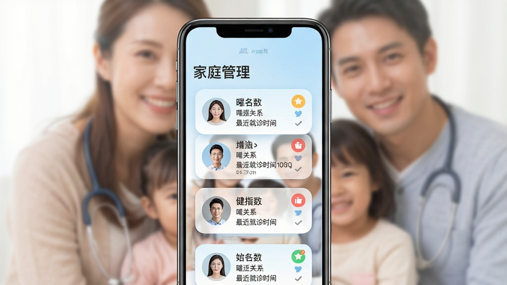���壺��Ӱҽ��App�ļ�ͥ������������ҳ�棬չʾ�����ͥ��Ա�Ŀ�Ƭ�����֣��ֻ���Ļ���У���Ļ���Ϸ�Ϊ����ͥ���������⣬�·�Ϊ��Աͷ���뽡��ָ�꿨Ƭ���Ű棺��Ƭʽ�Ử���֣�ÿ����Ƭ������������ϵ���������ʱ�䡣�����ܰ��ǳ��ɫ����Բ����ƣ������Ѻá�ϸ�ڣ���Ƭ����ʾ����ָ��Сͼ�꣬����Ϊ��ͥ��Ӱ��ģ�����������ʣ�������Ⱦ��ɫ����ͣ����ʸɾ���