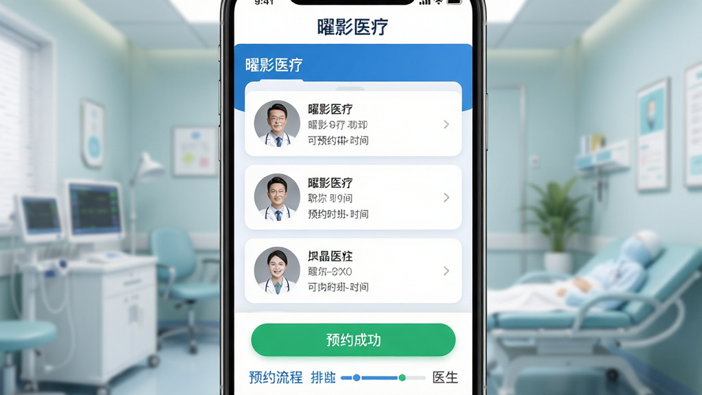 ���壺��Ӱҽ��App��ԤԼ�ҺŹ��ܽ����ͼչʾ����Ļ����ʾ�����б���ҽ���Ű�������֣����ֻ���ĻΪ�Ӿ����ģ���Ļ�Ϸ��С���Ӱҽ�ơ��������·�չʾԤԼ���̲��������Ű棺��������б�ʽ���֣�ҽ��ͷ��������ְ�����ԤԼʱ��������������ҽ�Ʒ��ɾ�רҵ��������ɫ��Բ�ǿ�Ƭ��ơ�ϸ�ڣ���Ļ��ͻ����ԤԼ�ɹ�����ɫ��ť������Ϊ��͵����һ��������ʣ��߷ֱ�����Ⱦ��ϸ�ڷḻ������ɾ������ࡣ