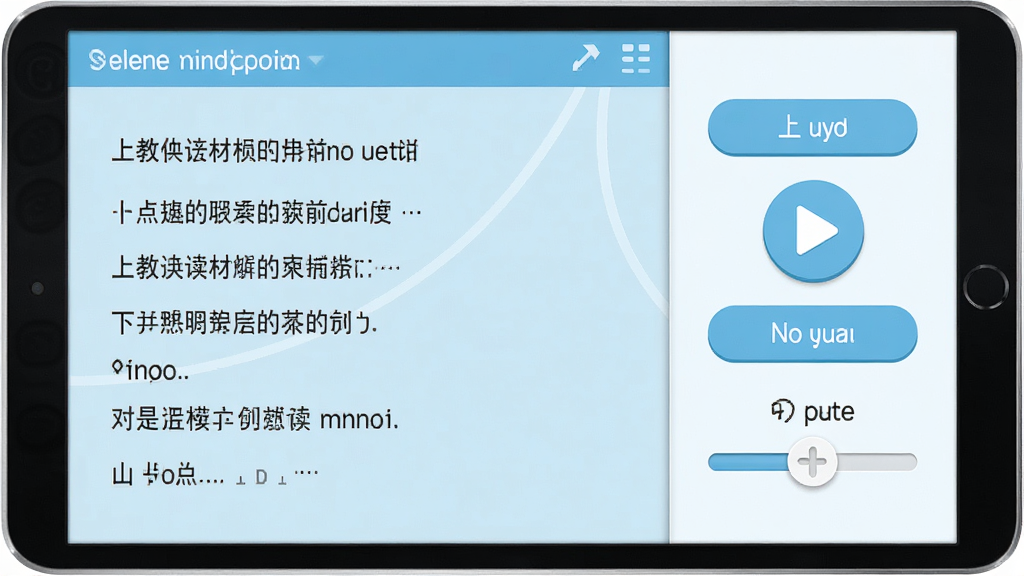 �Ͻ�Ӣ��̲ĵ�����ܽ��棬���Ϊ�������֣��Ҳ�Ϊ���ſ��ư�ť������һ�䡢���š���һ�䡢���ٵ��ڣ�������ɫ��ǳ���Ͱ�ɫΪ������ƽ����ƣ��Ű�������ϸ����ʵ���߻��ʣ��ɾ��޶���Ԫ��