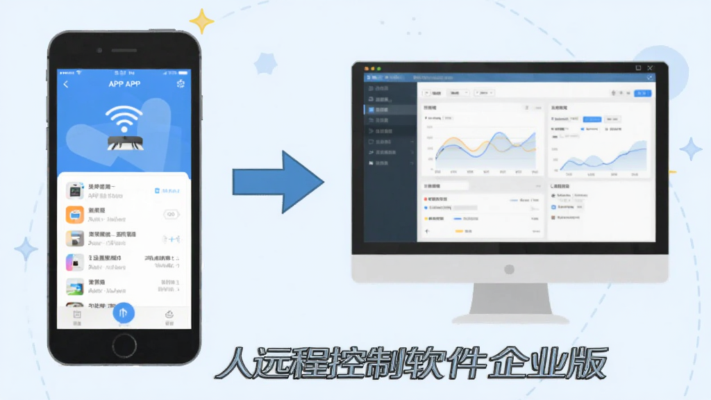 ��������ͼ��������ֻ���APP���棬�Ҳ��ǵ��Զ˿����������д��ڣ��м��ü�ͷ���ӣ��·��С�������Զ�̿���������ҵ�桱��������ƽ���廭���ǳɫ������������졣