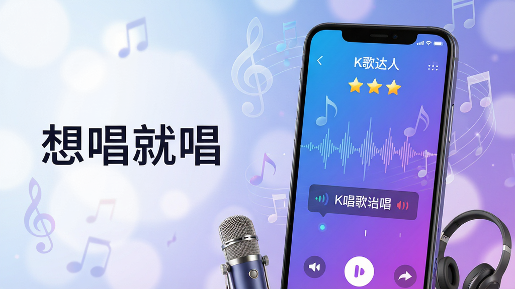 ���壺һ�������ֻ���Ļ��д����Ļ����ʾK�����APP�ĳ�����棬���ж�̬����������Ļ�����֣��ֻ�����ƫ�ң�������������ֵ�׺���볪�ͳ���������Ϊ��͹��������Ʈɢ���Ű棺����ɾ����ֻ���Ļ���������ɱ棬�·�����˷��������Ϊ���ߡ����дʵ��Ⱦ�����ȹ�Ч��ɫ�������Ͻ���Ϊ�����������á�ϸ�ڣ�������ʾ��K����ˡ��������������ǣ�������͸�����ơ����ʣ�����ϸ�壬�ɾ��޶���Ԫ�ء�