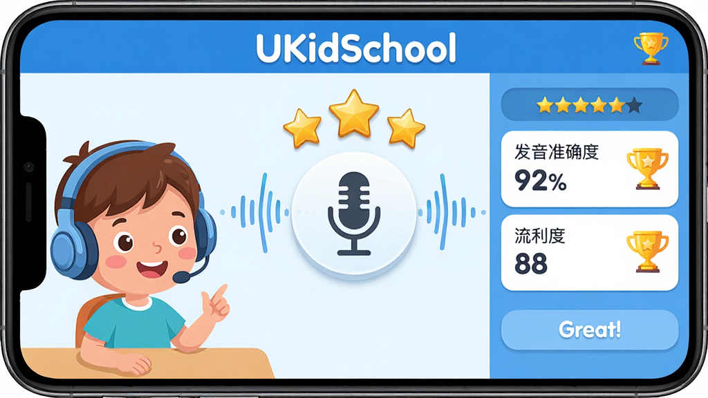 ��������Ϊ��UKidSchool��Ӧ�ý����ͼ���չʾ���м���һ����˷�ͼ�꣬���ܻ��Ʋ��ζ��������Ž�ɫ�������֡����ֲ������ҷ��������Ϊ��ͨС���������������Ҳ�Ϊ���������б�������׼ȷ��92%��������88%�����Ű�Ϊ����APP��������ɫ�����ף�ϸ�ڰ�����Great!�����������뽱��ͼ�꣬���ʸ��壬����ɾ����ࡣ