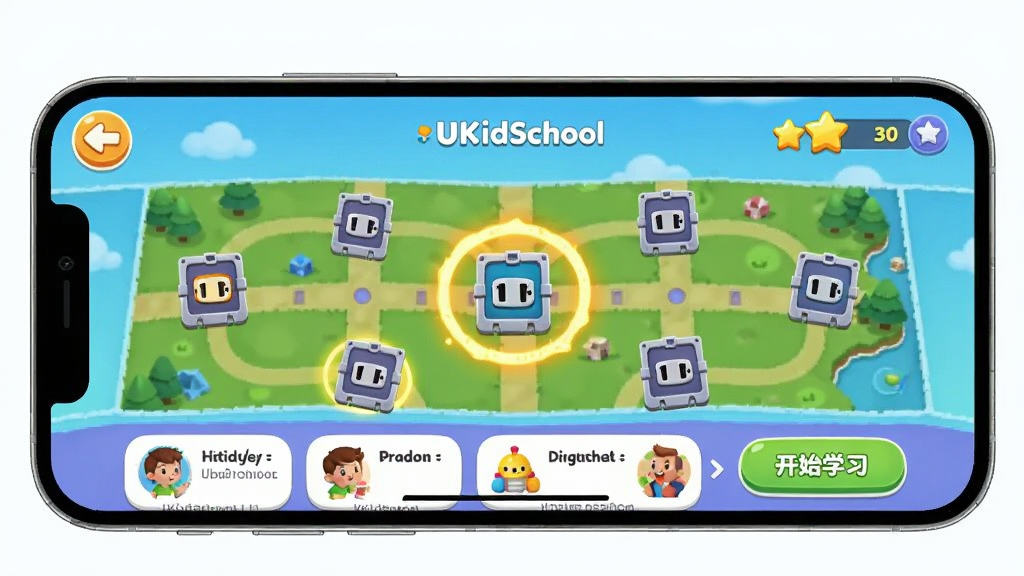 ��������Ϊ�ֻ�������ʾ��UKidSchool���Ĵ��ص�ͼ���棬��ͼ���ж����ͨ�ؿ�ͼ�꣬����һ�ر���ɫ��Ȧ���������ֲ���ȫ����ͼ����չ�����ײ��пγ��б��͡���ʼѧϰ����ť���Ű�Ϊ��ϷUI���ɫ���������죬ϸ�ڰ������Ͻǵ��������������Ͻǵķ��ؼ�ͷ������ɾ����޶������֡�