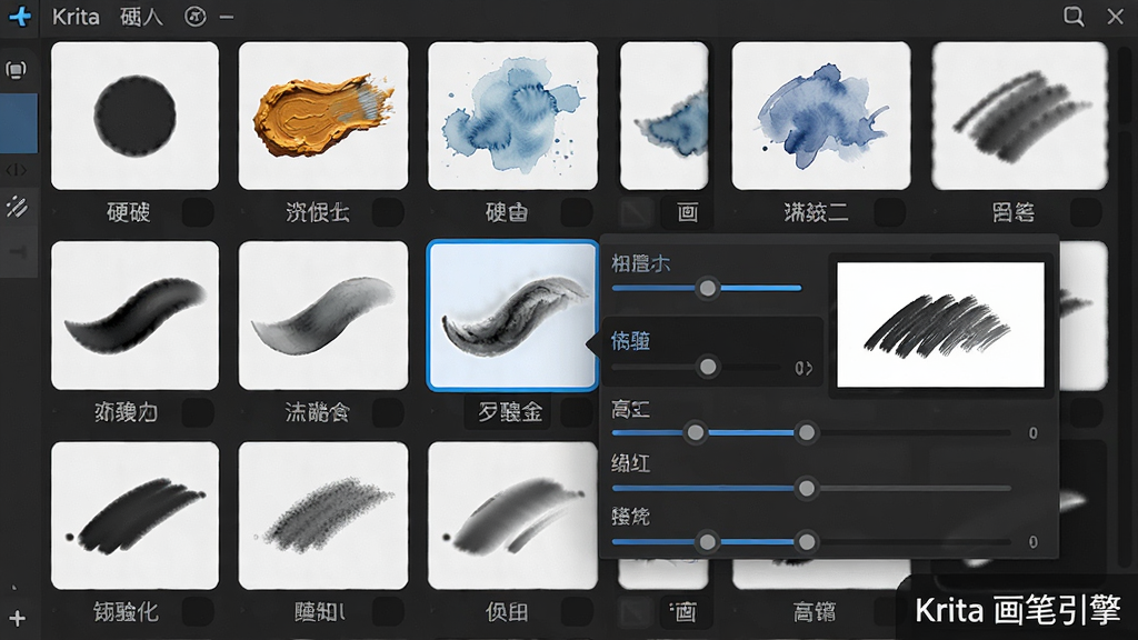 图像主体为Krita软件画笔选择面板的放大特写,布局采用居中特写构图,画面展示多种不同质感的笔刷图标整齐排列,包括圆形硬边笔、纹理油画笔、湿边水彩笔等,排版以深色界面为背景,高亮当前选中的笔刷并弹出详细的参数调节滑杆,风格简约现代,细节上可见笔刷名称标签与动态笔迹预览,画质清晰锐利,干净无多余元素,画面角落显示“Krita 画笔引擎”字样。