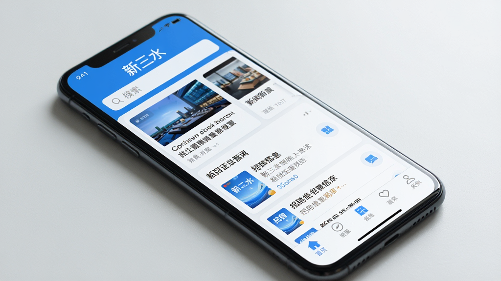 һ�������ֻ���Ļ��д����Ļ��ʾ������ˮ��APP�����棬����Ϊ���������м�չʾ������Ѷ��Ƭ����Ƹ��Ϣ�б����·�Ϊ�ײ������������������������������ɫ����ɫ������Ϊǳ��ɫ���ֻ�б�ŽǶȣ�������Ȼ�⣬��ͼ���ֻ�Ϊ���ģ��������ף����ʸ��壬�ɾ��޶���Ԫ��
