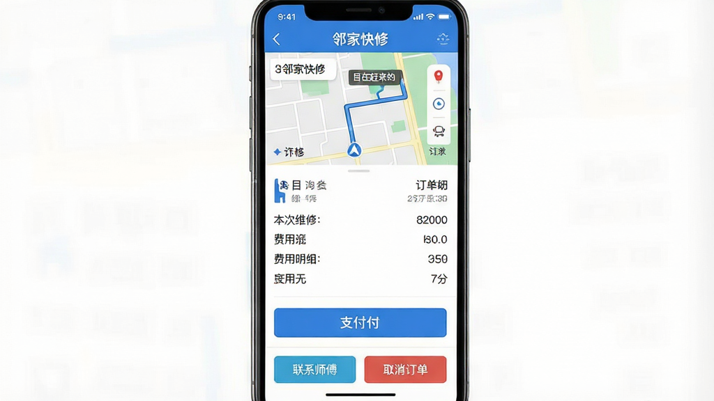 һ�������ֻ���������ͼƬ������չʾ���ڼҿ��ޡ�APP�Ķ�������ҳ�棬������ʾʦ�����ڸ�����·�ߵ�ͼ���м��Ǳ���ά�޵���Ŀ��������ϸ��֧����ť���ײ��С���ϵʦ�����͡�ȡ������������ѡ�����UI��Ƽ������������ɫΪ��ɫ�����������ݿɱ�ʶ�����ʸɾ����޶���Ԫ�أ�ͻ���ƶ��˲����ı��������ӻ���