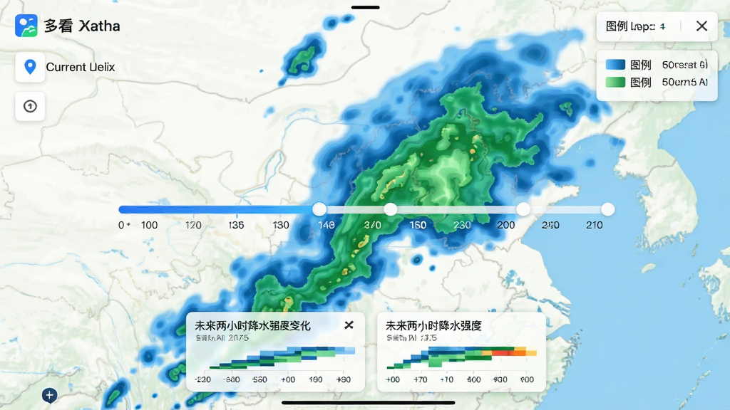 主体:多看天气应用内的分钟级降水雷达地图页面,地图上覆盖着蓝绿色的降水云团动画。布局:左侧显示当前定位,地图中央有一个移动的进度条表示时间轴,右上角有图例说明。排版:地图占满屏幕,底部悬浮着未来两小时的降水强度变化卡片。风格:科技感十足,地图配色清晰,降水强度用色块深浅区分。细节:时间轴上的数字清晰可见,云团边缘柔和。画质:高清流畅界面渲染,干净,无多余元素。
