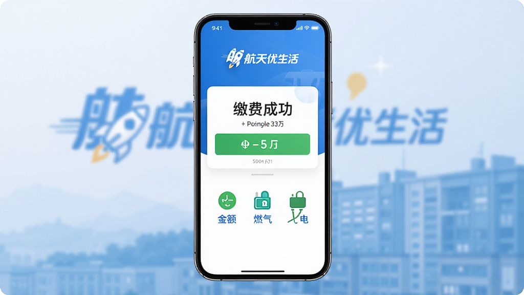 画面主体为手机支付成功界面,屏幕上显示“缴费成功”字样和金额,背景有航天优生活品牌标识,下方罗列水电燃气图标。布局居中,排版简洁,风格商务可靠,细节包括安全锁图标,画质高清,干净无多余元素。