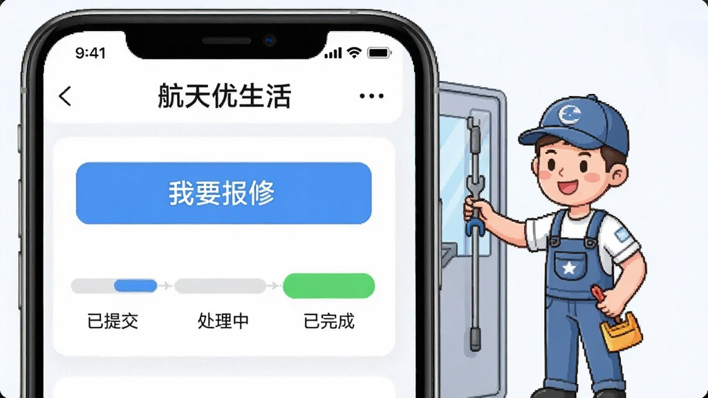 画面主体为手机界面展示报修流程,上方显示“航天优生活”报修页面,有“我要报修”按钮和进度条,从“已提交”到“处理中”再到“已完成”。旁边配图是维修师傅上门维修的卡通形象。布局左右呼应,排版直观,风格简洁明快,细节精致,画质清晰,干净无多余元素。