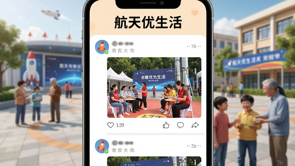 画面主体为手机社交界面,顶部有“航天优生活”字样,下方信息流展示居民发布的图文帖子,包含活动照片、点赞评论图标。背景融入航天社区广场与居民互动场景。布局上下结构,排版活泼,风格温馨生活化,细节丰富,画质清晰,干净无多余元素。