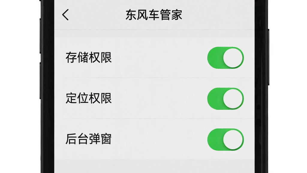 主体为手机截图界面,显示“东风车管家”设置页面的权限管理列表,有“存储权限”、“定位权限”与“后台弹窗”开关,布局为列表形式,排版清晰规整,风格为UI界面实录风格,细节强调开关按钮的绿色状态,画质锐利干净无多余元素。