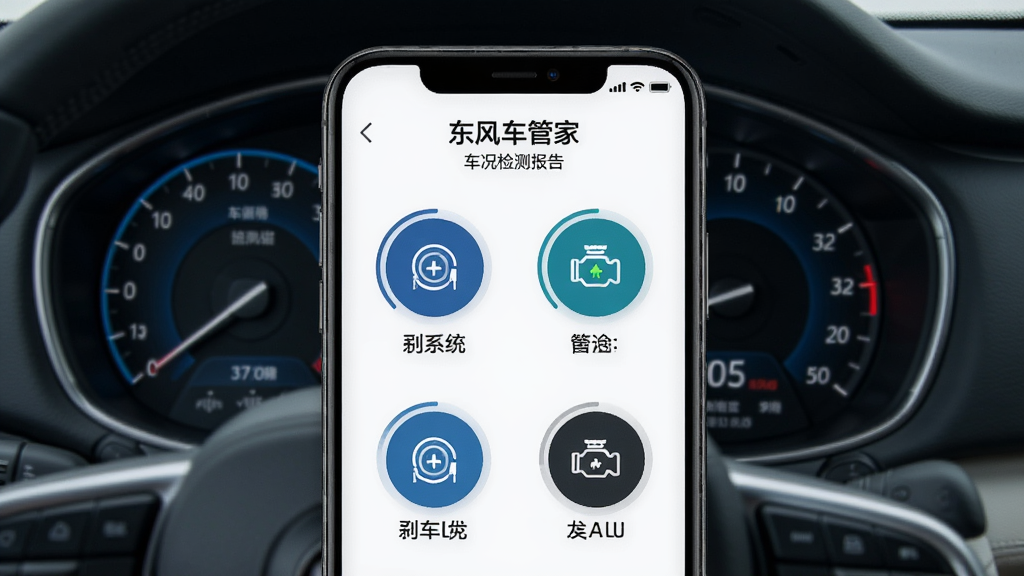 主体为车辆仪表盘与手机报告界面的结合,手机中展示“东风车管家”的车况检测报告,各项指标以圆形图标呈现,布局为叠加式,仪表盘作为底层背景,排版数据化风格,科技蓝为主色调,细节包含刹车系统与发动机状态标识,画质高清晰无多余元素。