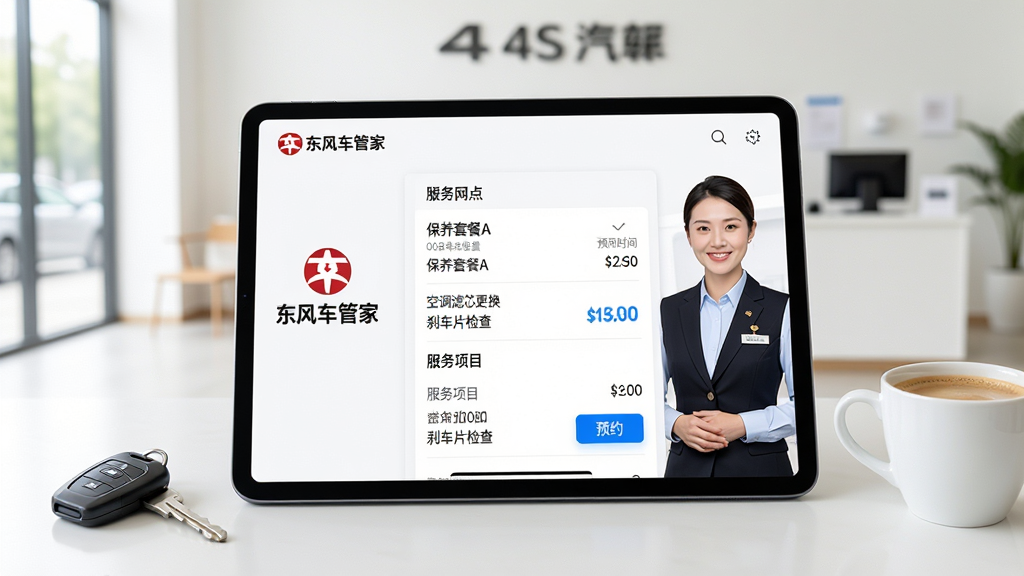 ���壺���糵�ܼ�APP�ġ�����ԤԼ������չʾ��ƽ������ϣ��Ա߷���һ�ѳ�Կ�׺�һ�����ȣ������������Ķ�������4S��Ӵ��������֣�ƽ�����λ�ڻ������ģ�������ʾѡ��������㡢ԤԼʱ�䡢������Ŀ�б����Ű棺ƽ����бԼ15�ȣ��������������ɶ�������ж���LOGO�롰���糵�ܼҡ��������Ҳ�Ϊ�������΢Ц���󡣷�񣺸ɾ���������ҵ��Ӱ���ǳɫ������ϸ�ڣ�ƽ����Ļ��ʾ�������ײ�A�����յ���о��������ɲ��Ƭ��顱����Ŀ���۸�͸����ԤԼ��ťΪ��ɫ���������ʣ����廭�ʣ������Ȼ�⣬�ɾ����޶���Ԫ�ء�