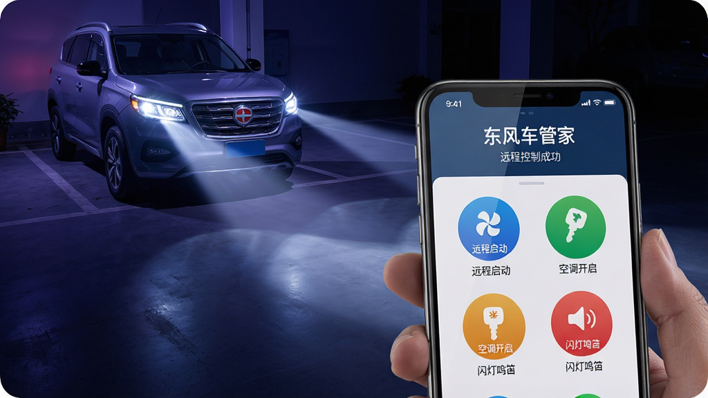 ���壺һֻ�����������ֻ�����Ļ��ʾ�����糵�ܼҡ�APP��Զ�̿��ƽ��棬������һ������������ͣ�����г������𡣲��֣��ֻ����ڻ������½ǣ�ռ����Լ����֮һ�����Ͻ�Ϊ����ȫ�������Ʒ�������ָ���ֻ������Ű棺�ֻ���������չʾ��Զ�����������յ����������������ѡ���Բ�ΰ�ť����ť��ɫ��Ŀ�����дʵ��Ƽ���ϣ���ɫ��ͻ���ƹ�Ч������������ɫ����ϸ�ڣ��ֻ���Ļ������Ȼ������ǰ���LED���ϸ�����ԣ�����ͼ��������ȡ�Կ�ס����ȷ��ţ����֡����糵�ܼҡ���Զ�̿��Ƴɹ��������ʣ��߷ֱ��ʣ������������ɾ����޶���Ԫ�ء�