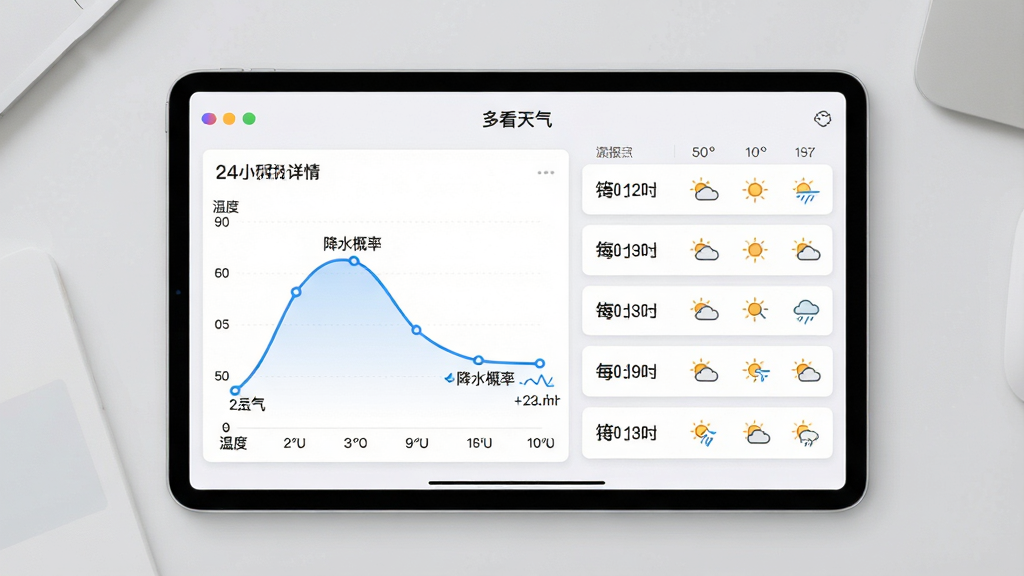 主体:多看天气App的24小时预报详情页平铺展示,页面包含气温曲线图和每小时天气图标。布局:平板电脑横屏展示,页面清晰,左侧为天气曲线,右侧为数据列表,背景为淡灰色桌面。排版:页面结构规整,曲线图用蓝色线条,数据列表用白色卡片。风格:简洁数据可视化风格,商务感。细节:屏幕中显示“多看天气”应用名称,曲线标注“温度”与“降水概率”。画质:4K超清,干净,无多余元素。