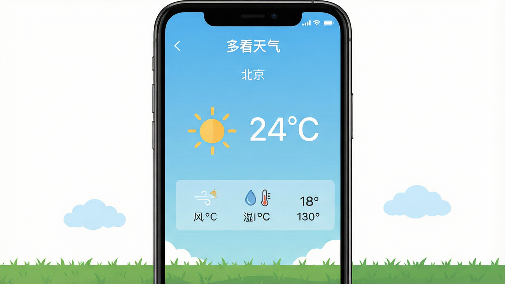 主体:智能手机屏幕展示多看天气App主界面,界面显示晴天图标和24°C温度,背景为浅蓝色渐变。布局:手机居中,屏幕内容清晰可见,周围留白,下方有绿色草地与几朵白云。排版:手机屏幕朝向前方,整体画面简洁,突出App界面。风格:扁平化设计,色彩明快,干净清爽。细节:App顶部显示“多看天气”字样,城市名称“北京”,下方有风速、湿度等数据小图标。画质:高清渲染,干净,无多余元素。