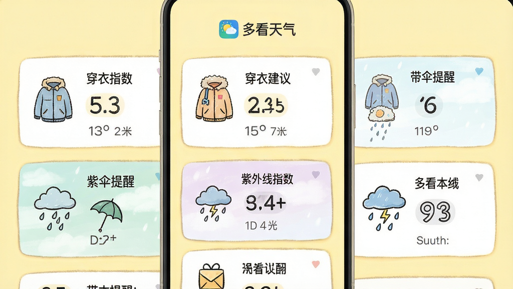 主体:多看天气App生活指数页面,显示穿衣指数、紫外线指数等卡片,并伴有小雨图标。布局:手机竖屏截图,各指数卡片以网格排列,背景为浅黄色。排版:卡片式布局,图标与文字并排,界面友好。风格:清新手绘风格,色彩柔和。细节:卡片上有“穿衣建议”、“带伞提醒”等文字,顶部有“多看天气”Logo。画质:高清,干净,无多余元素。