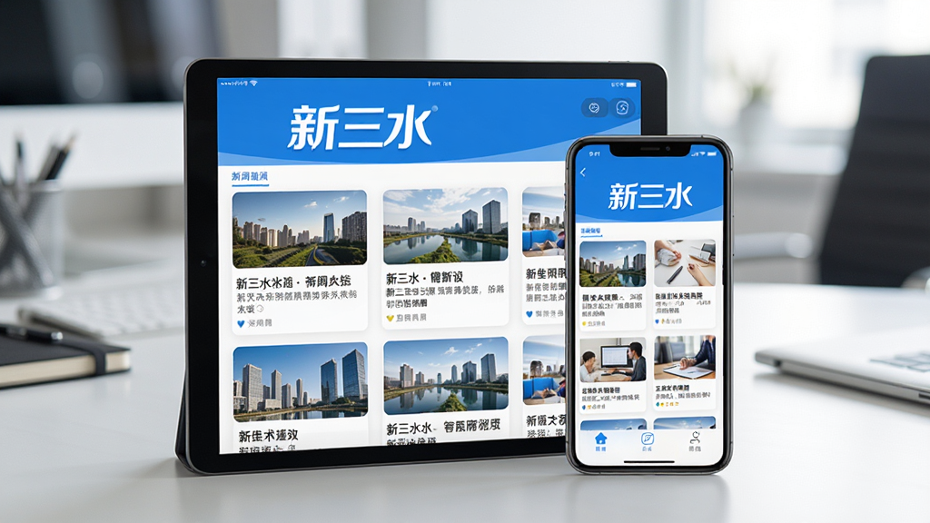 һ��ƽ��������ֻ����аڷŵĻ��棬��Ļ��չʾ������ˮAPP��������ѶƵ����������Ŀ�ġ�����ˮ������logo����������ɫ�Ͱ�ɫΪ���������ſ�Ƭͼ�Ĳ�ï���������У�����Ϊģ���İ칫��������������������ˬ��ϸ�ڷḻ�������������޶���������š�