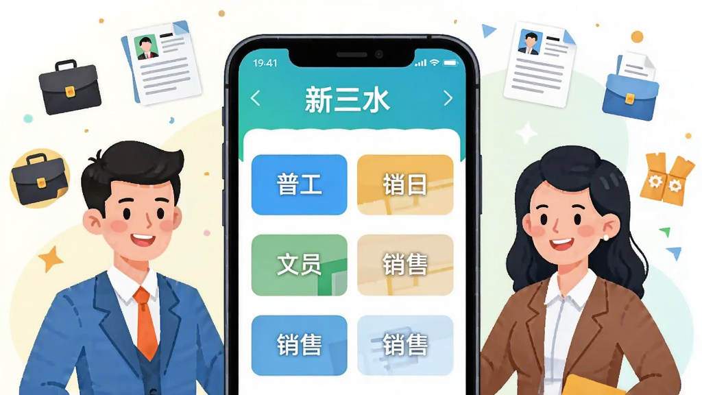 һ����Ƹ�����Ĳ廭���ͼƬ������������һ���ֻ���ʾ����ˮAPP����Ƹҳ�棬�����С��չ���������Ա���������ۡ���ְλ���ƣ�������׺�й��İ���������Сͼ�꣬ɫ���������������������Ѻã����幹ͼ�����������רҵ�ɿ�����ְ��Χ�����ʸɾ���