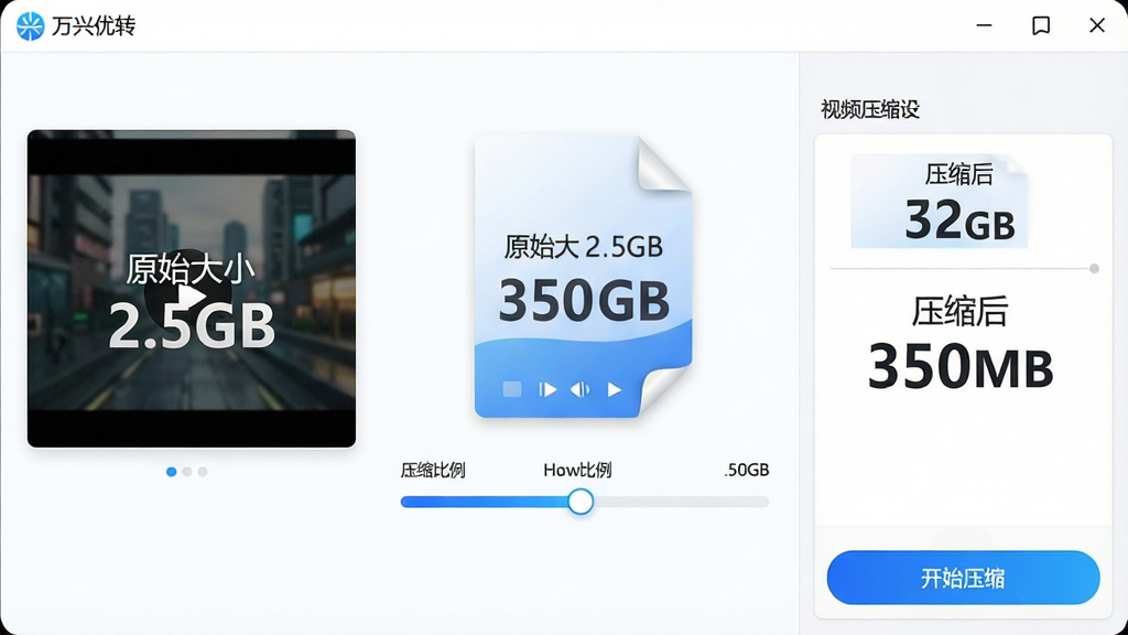 主体:万兴优转“视频压缩”界面,中央显示一个视频文件,左右两侧分别标注“原始大小 2.5GB”和“压缩后 350MB”,下方有压缩比例滑块。布局:界面简洁,左侧原始视频预览窗口,右侧压缩设置区域,底部有“开始压缩”按钮。排版:数据对比用醒目字体展示,滑块轨道为蓝色渐变。风格:清爽科技感,白色背景配蓝色点缀。画质:高清,干净,无多余元素。