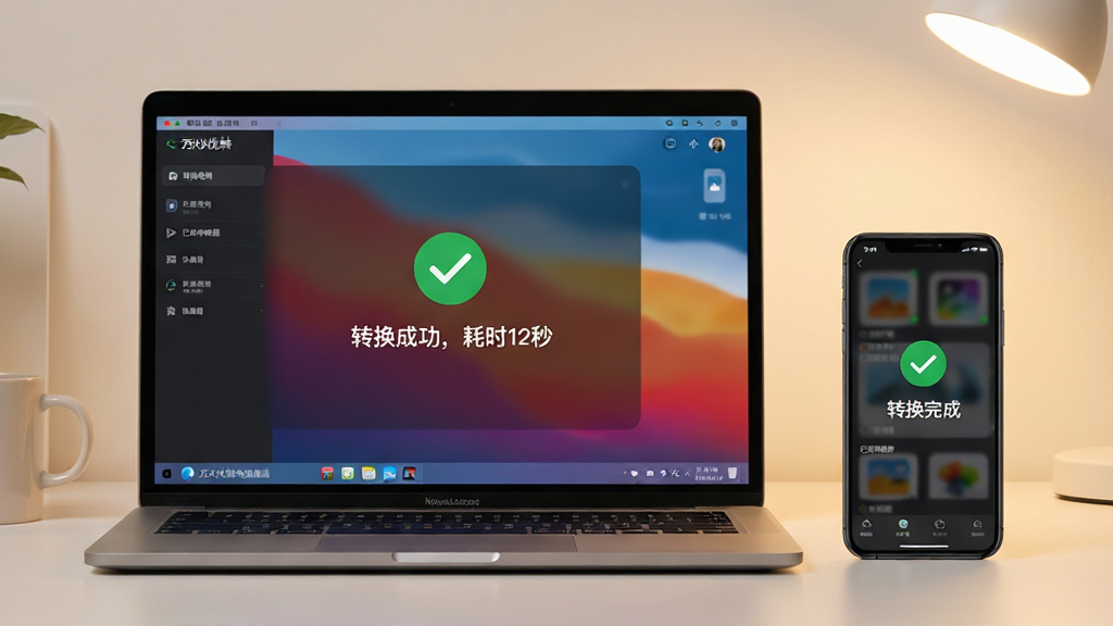 主体:一台笔记本电脑与一台手机并排放置,屏幕上分别显示万兴优转电脑端和手机端的“转换完成”界面,有绿色对勾图标。布局:左右对称,左侧电脑,右侧手机,背景为简洁桌面。排版:电脑屏幕中显示“转换成功,耗时12秒”文字,手机屏幕显示“已保存到相册”。风格:温馨实用风格,柔和灯光。画质:高清,干净,无多余元素。