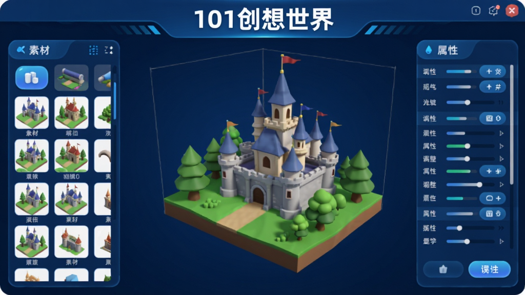 展示101创想世界软件界面中一键搭建场景的功能预览,左侧为素材分类栏,中央为半成品3D场景包含城堡与树木,右侧为属性调整面板,界面采用深蓝色科技风格,按钮圆润,素材缩略图清晰排列,整体画面明亮干净,突出软件名称“101创想世界”的标题栏
