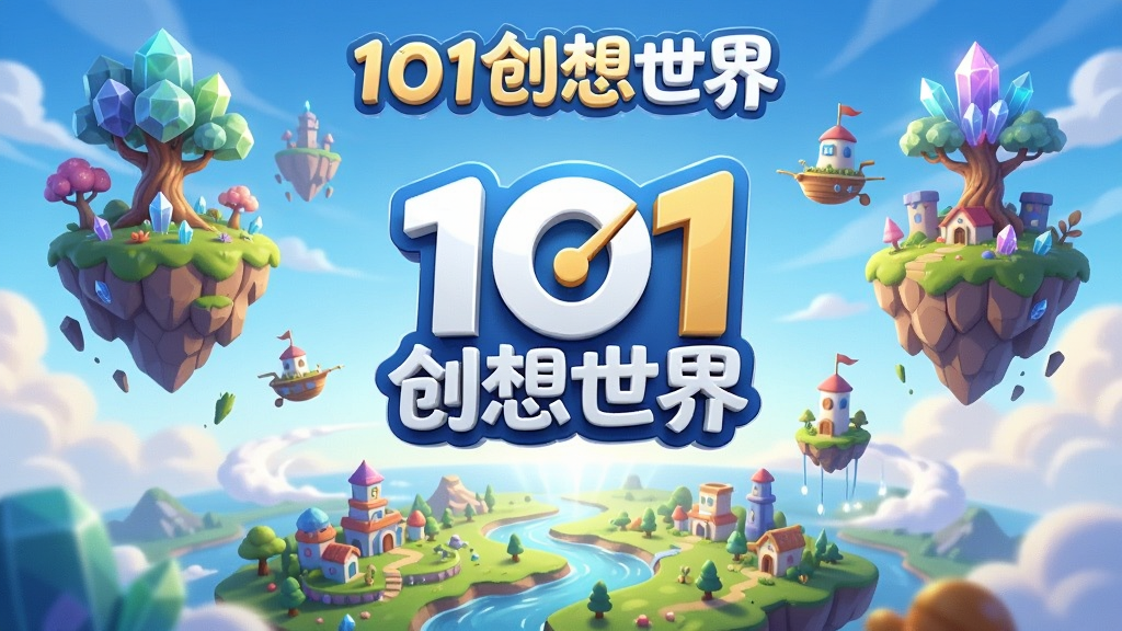 画面中央是101创想世界的品牌Logo立体悬浮于半空,四周环绕着色彩斑斓的3D奇幻场景元素如悬浮岛屿、水晶树木、飞行建筑,画面下方有广阔的大陆与蜿蜒河流,整体采用明亮通透的卡通渲染风格,光影柔和,景深层次丰富,高清细节精致,画面干净无多余杂物,构图平衡大气,文字标识“101创想世界”以艺术字呈现于画面正上方