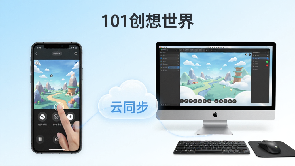 手机端与电脑端同时展示101创想世界的操作界面,左侧手机屏幕显示触控编辑场景,右侧电脑屏幕显示键盘鼠标操作,中间以云朵连接表示云同步,背景为渐变的浅蓝与白色,整体风格清新明亮,画面干净整洁,突出软件名称“101创想世界”