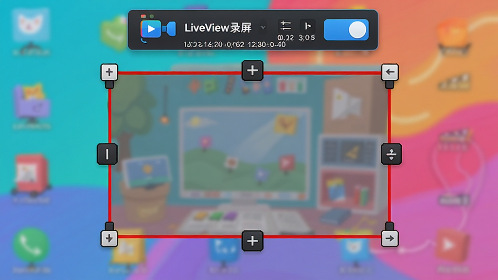 展示LiveView录屏软件的区域录制模式操作界面,背景为彩色桌面,画面中有一个红色矩形框选区域,四周有控制手柄,顶部悬浮工具栏显示“LiveView录屏”标志,布局直观,风格活泼,细节包含坐标数值显示和录制按钮,画质清晰干净无多余元素