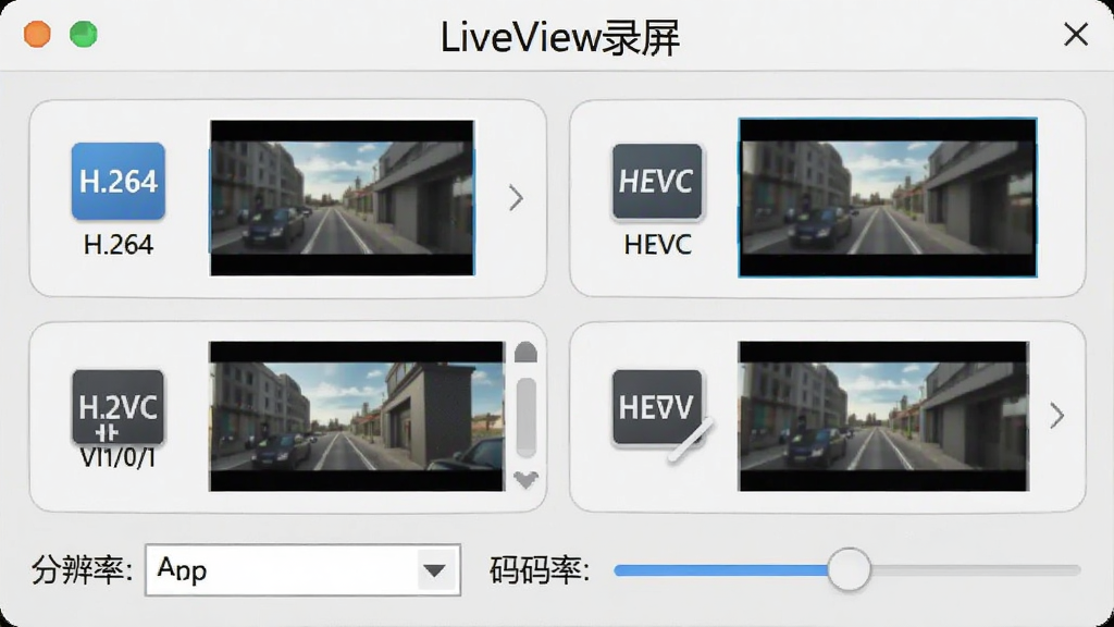 展示LiveView录屏软件设置界面中的视频编码选项,画面上方有“LiveView录屏”字样,下方列出H.264、HEVC等编码格式图标,背景为浅灰色调,布局规整,每个编码选项旁配有画质示例小窗口,风格简洁明亮,细节包含分辨率下拉菜单和码率调节滑块,整体干净无多余元素