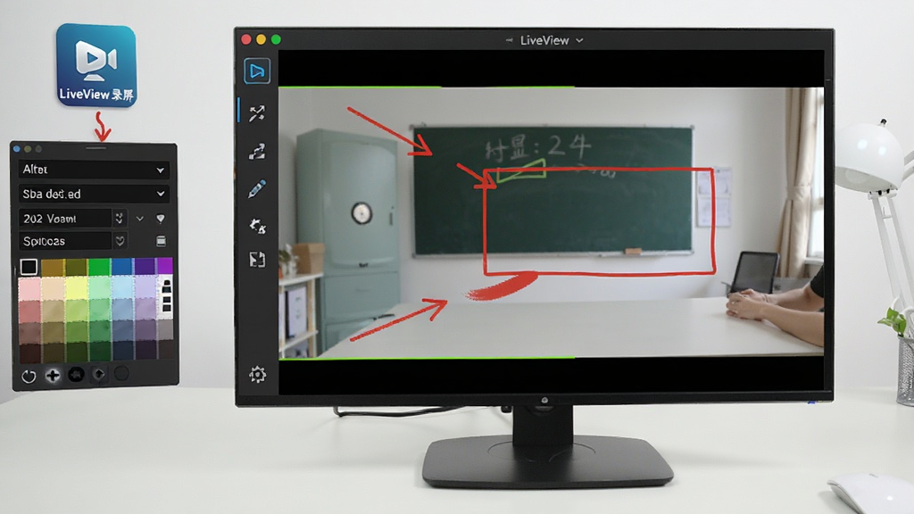 展示LiveView录屏软件在录制过程中使用画笔工具进行标注的截图,画面为一段教学视频录制现场,屏幕上用红色箭头和矩形框标注重点,左侧工具栏有“LiveView录屏”图标,背景为干净桌面,布局清晰,风格专业,细节包含字体选择器和颜色面板,画质锐利无多余元素