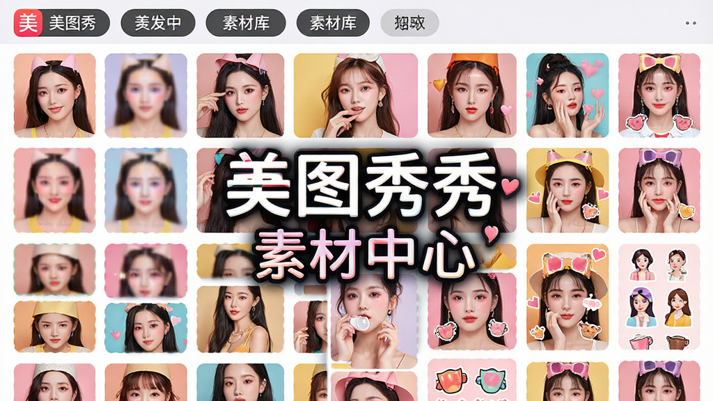 主体:美图秀秀素材库界面展示,呈现琳琅满目的滤镜和贴纸缩略图。布局:网格状排列的素材图标,顶部有分类标签。排版:瀑布流式浏览,视觉丰富。风格:多彩时尚,符合年轻用户审美。细节:图片中突出“美图秀秀”品牌标识及“素材中心”字样。画质:高清,色彩鲜艳,干净无多余元素。